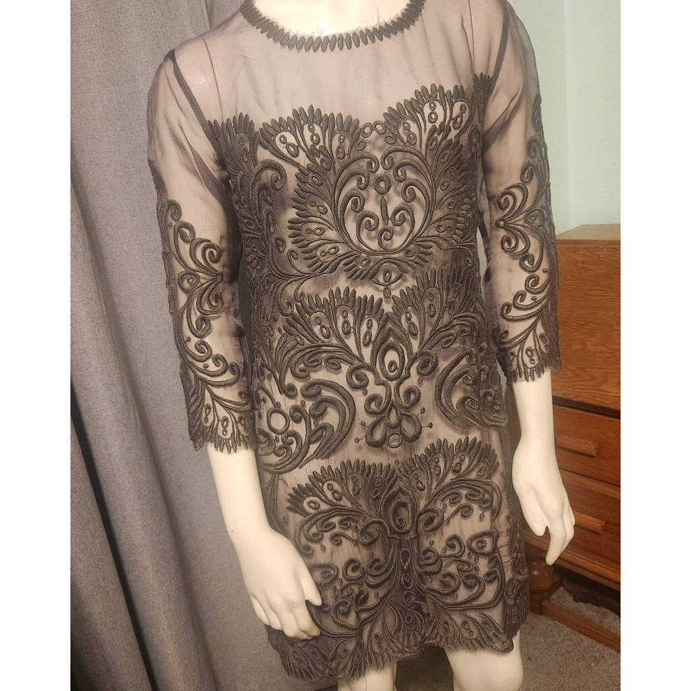 Yoana Basaschi 100% Silk Sheer Mesh Overlay Sheath Dress Sz 2/4 Brown Embroidery